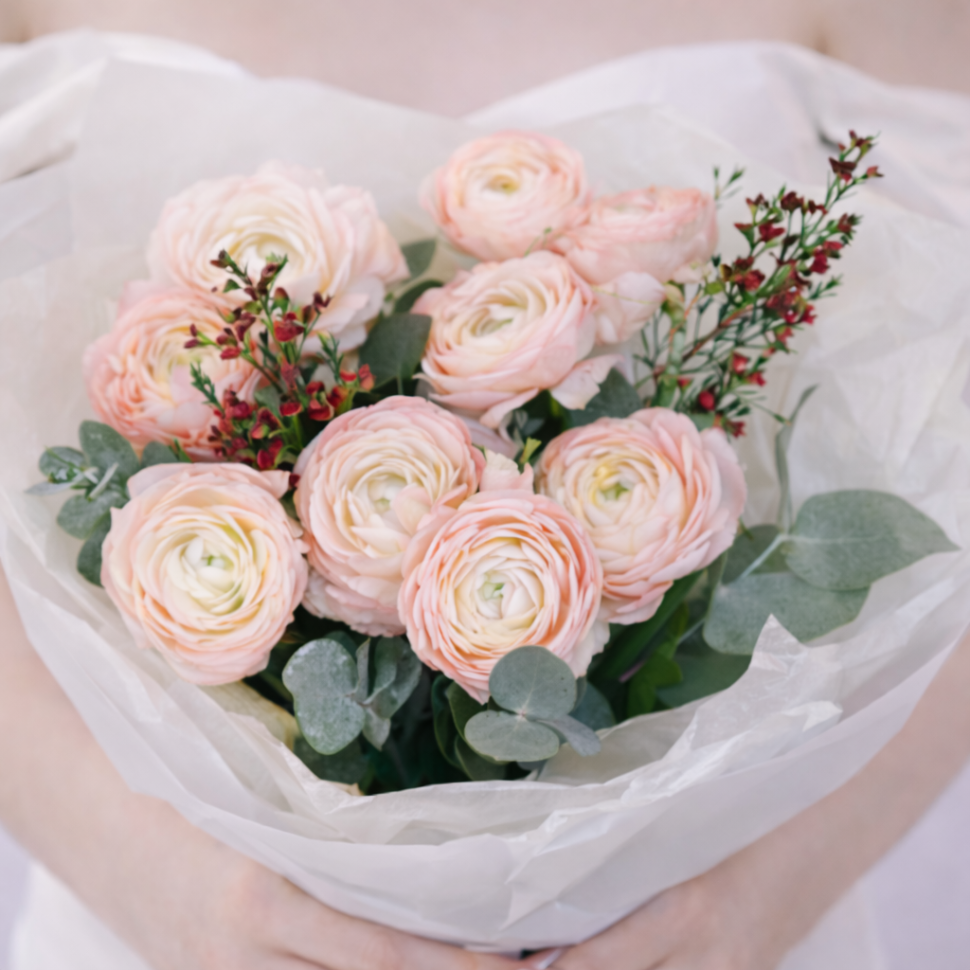 Букет из 9 ранункулюсов и хамелациума в оформлении