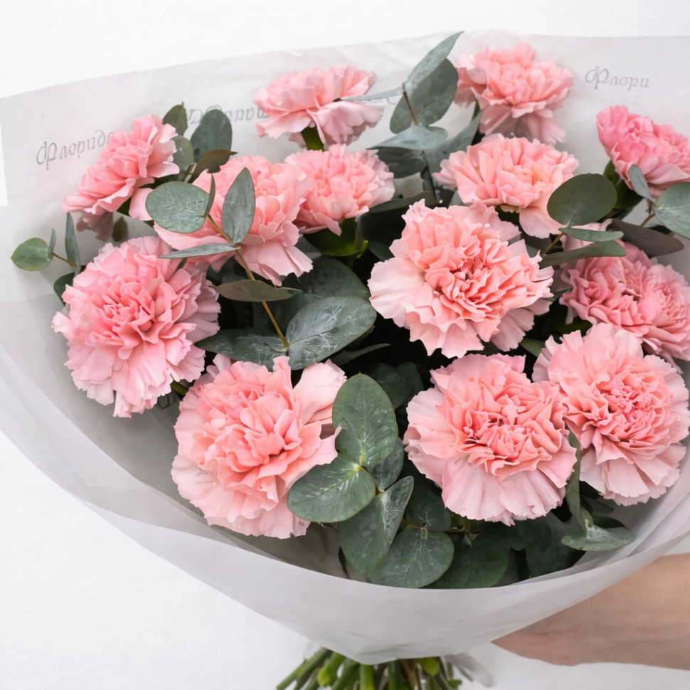 Букет из 15 голландский гвоздик и эвкалипта